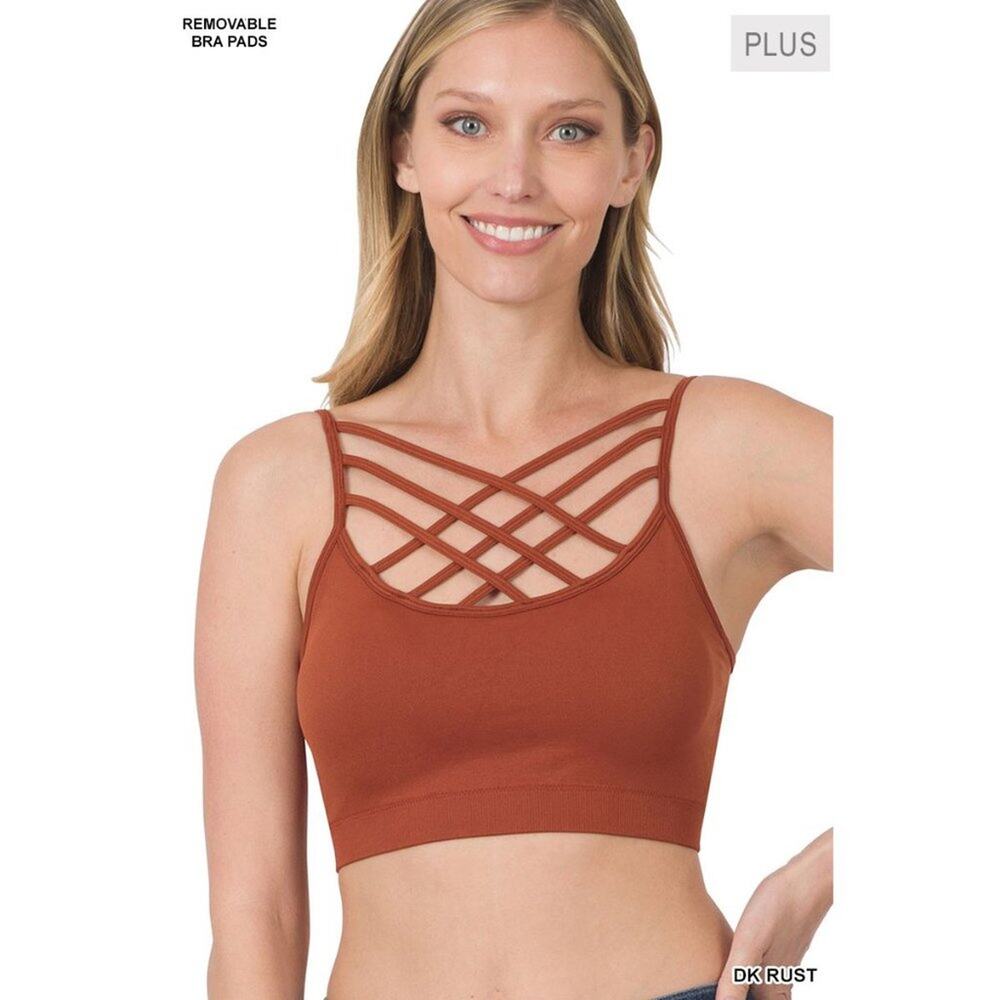 1X/2X Dark Rust Triple Criss Cross Bralette + bra pads Zenana wireless seamless
